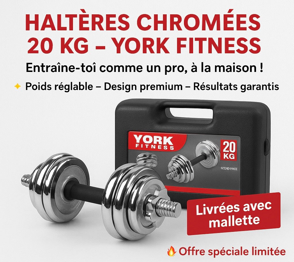🏋️‍♂️ Haltères Chromées Ajustables 20 KG – YORK FITNESS