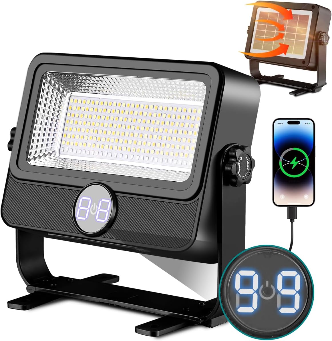 🔦 Lampe de Travail LED 100W Rechargeable avec Support & Panneau Solaire ☀️