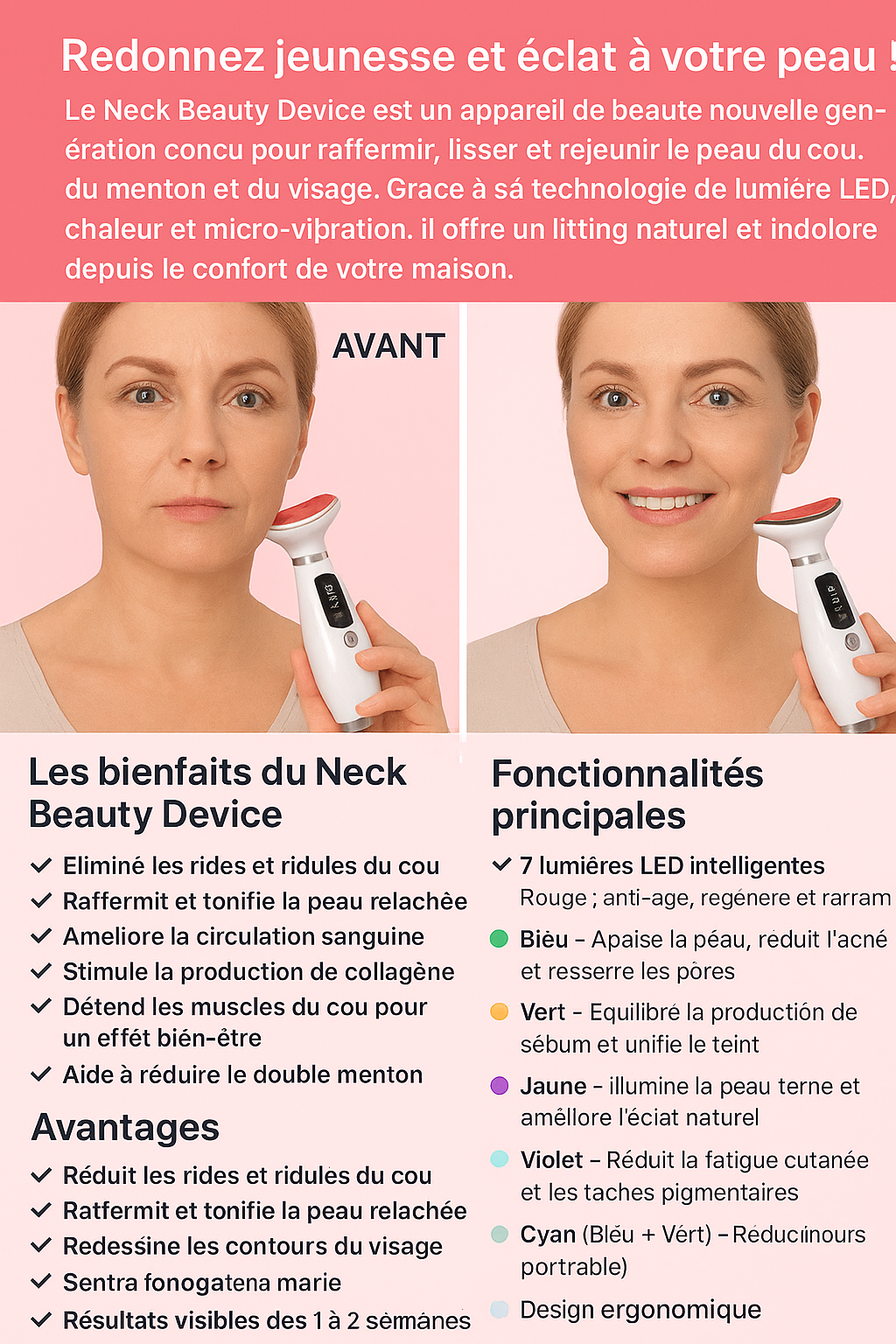 💎 Appareil de Beauté du Cou et du Visage – 7 Lumières LED Thérapie Photonique 💎